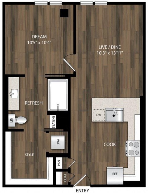 Floor plan for 1 bed, 1 bath, 619 sqft
